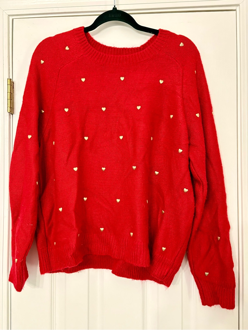 Lucky Brand Red Crewneck Sweater with Gold Heart Studs